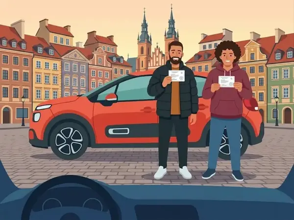 Młodzi ludzie z prawem jazdy przed samochodem szkoleniowym — Testy Word
