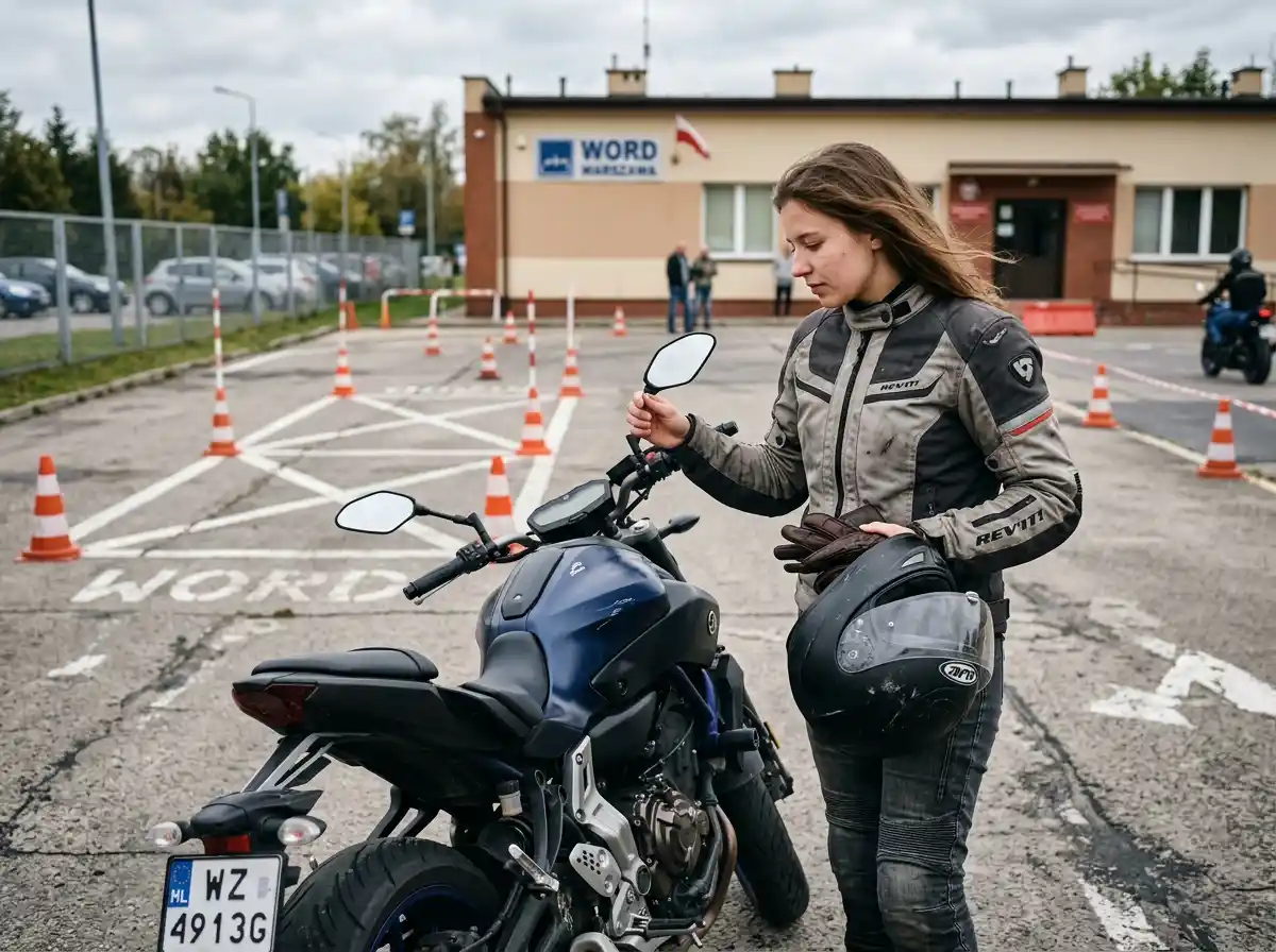 Motocyklista wykonujący manewry na placu podczas testu na prawo jazdy kat a — TestyWord.pl